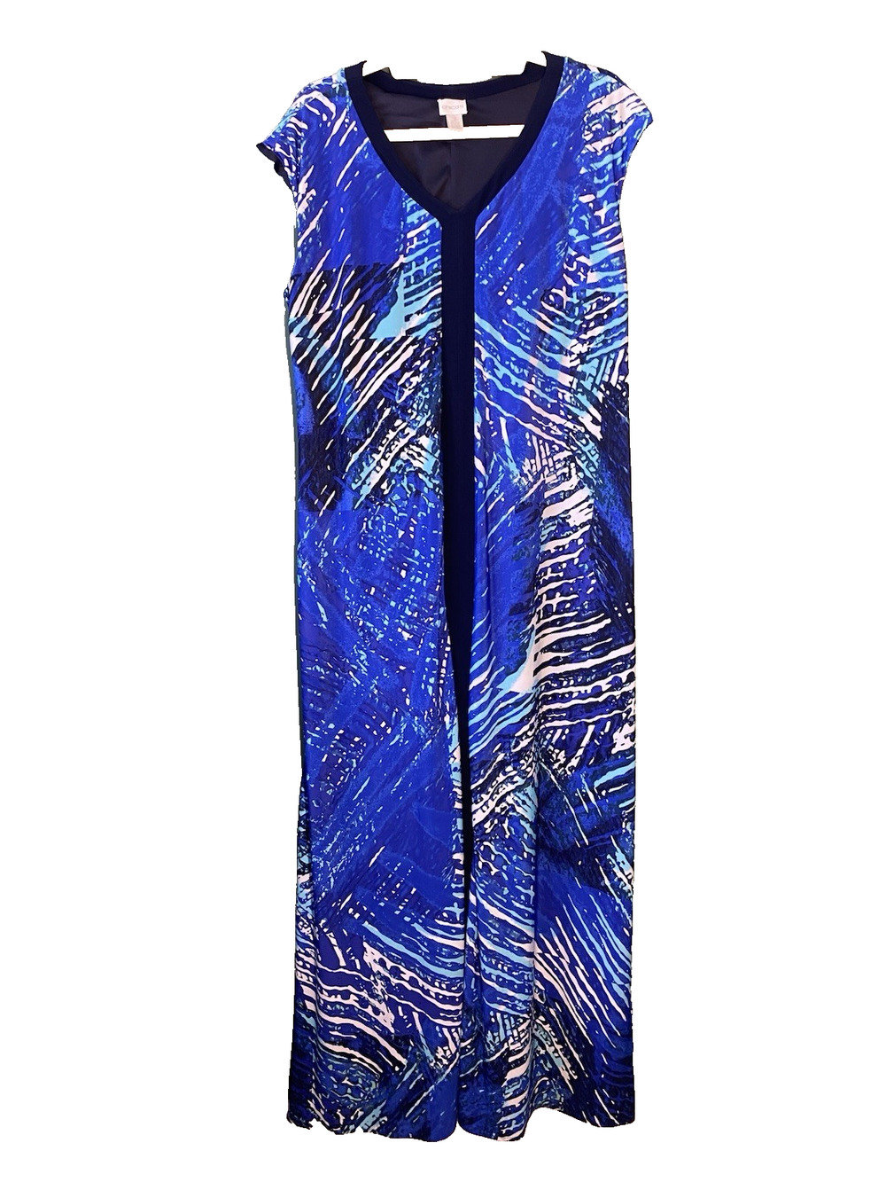 Chico's Dress Womens Large Blue White Stretch Sleeveless Resort Office Tank Maxi